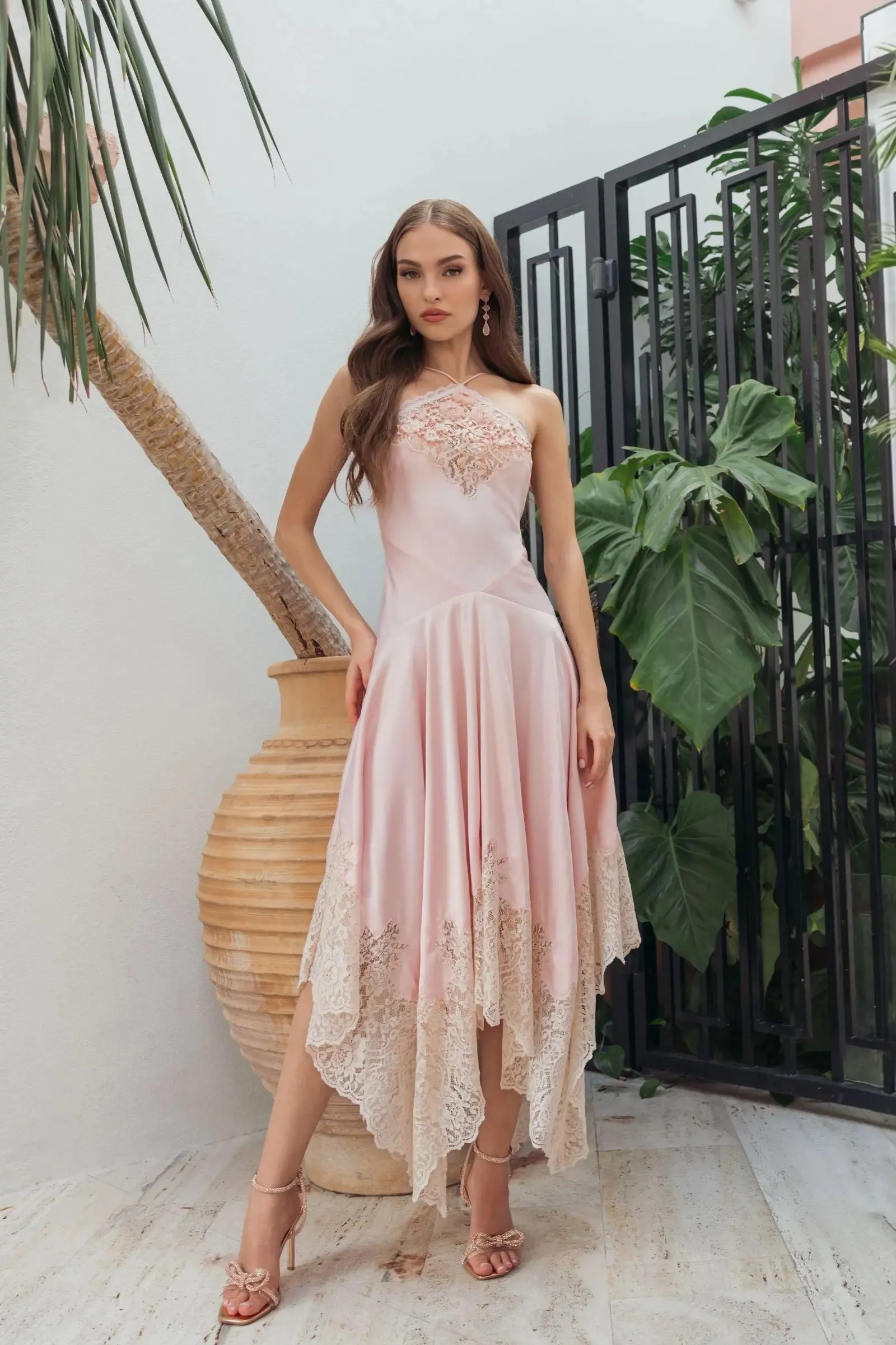Light Pink Lace Trim Handkerchief Midi Dress sold by Mac Duggal product image thumbnail 5