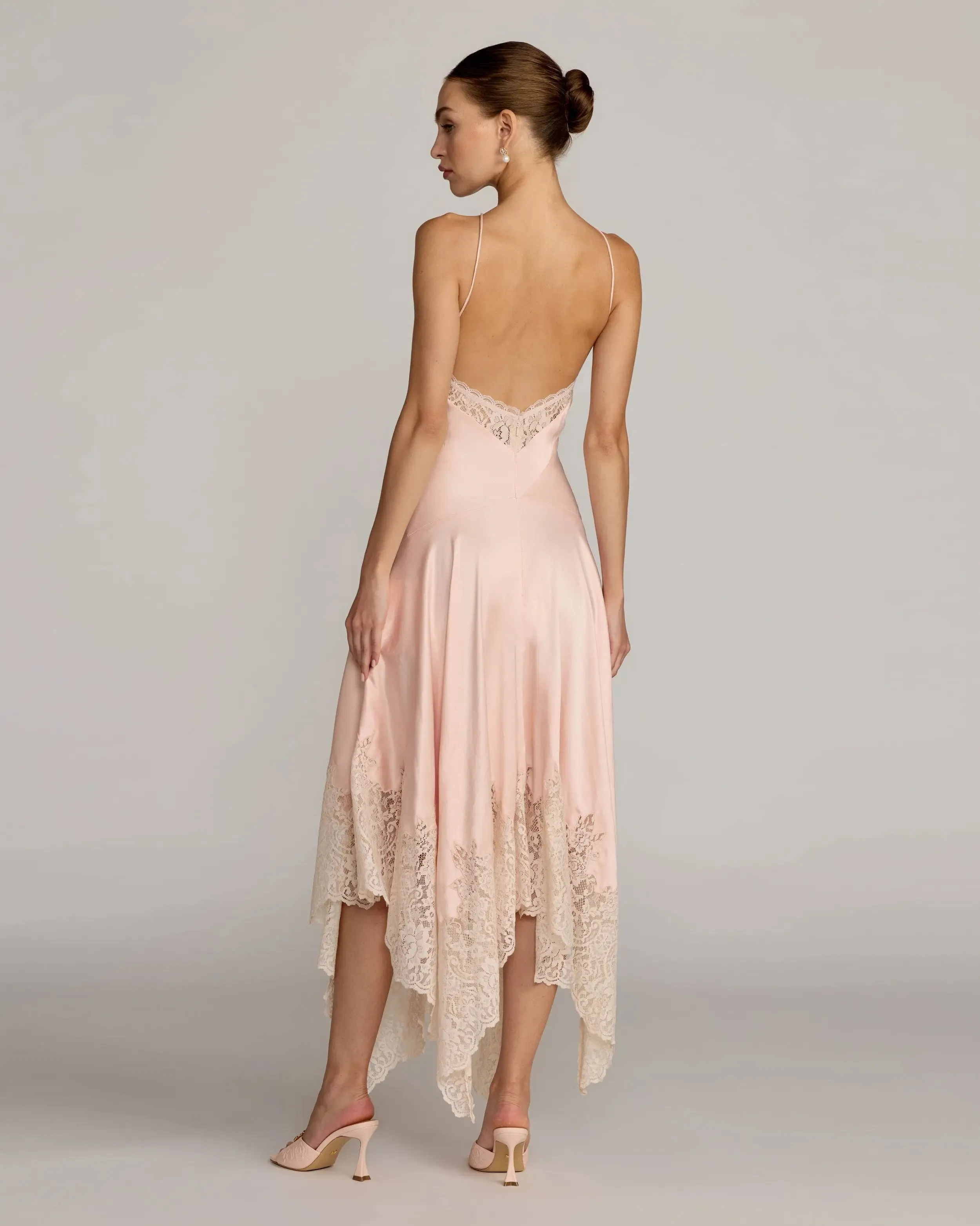 Light Pink Lace Trim Handkerchief Midi Dress sold by Mac Duggal product image thumbnail 4