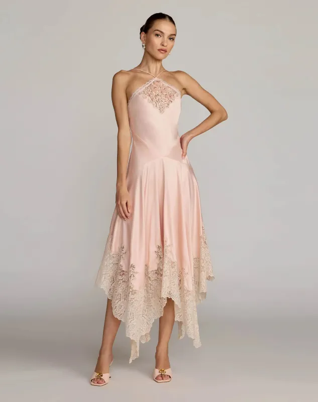 Light Pink Lace Trim Handkerchief Midi Dress made by Mac Duggal