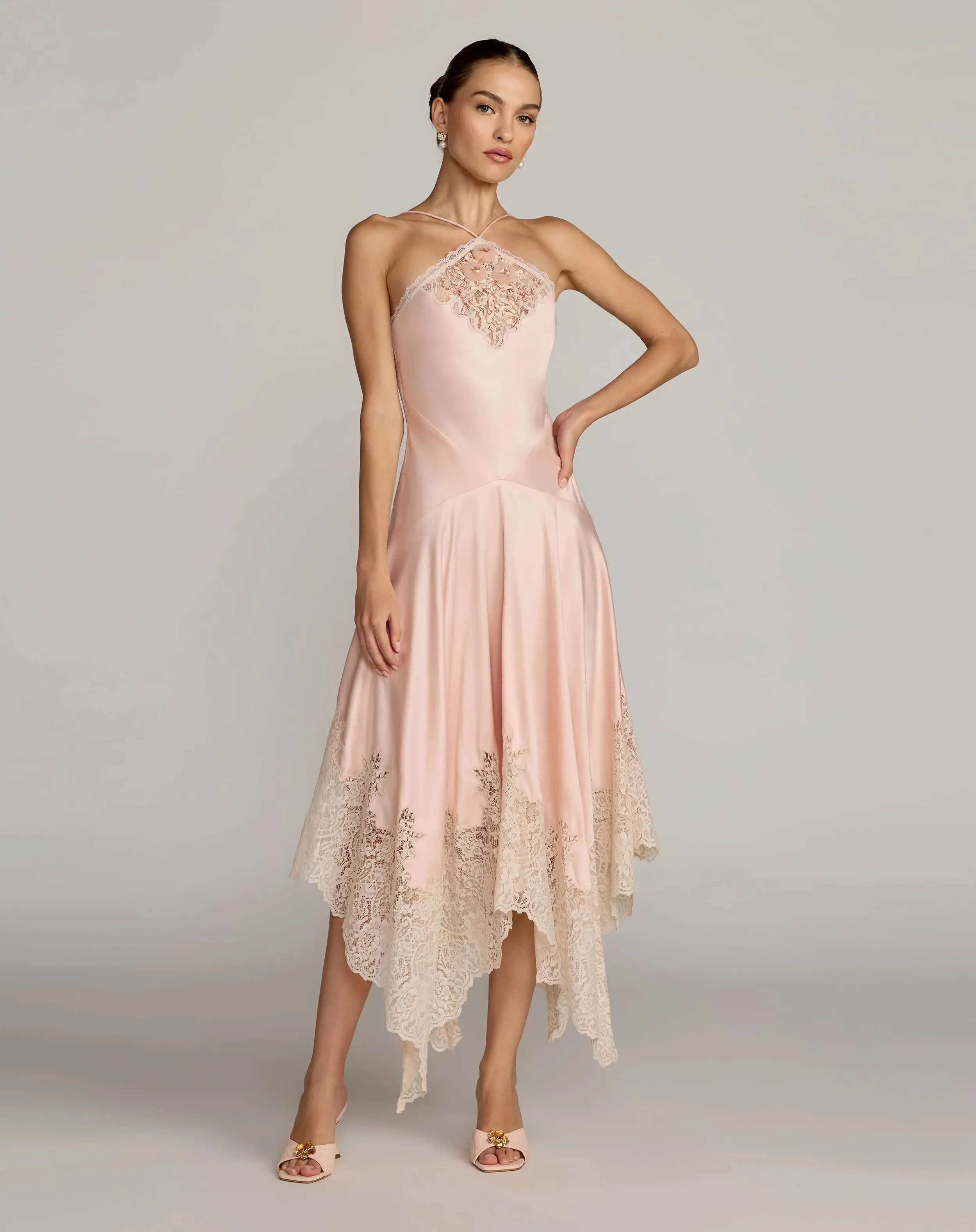 Light Pink Lace Trim Handkerchief Midi Dress sold by Mac Duggal