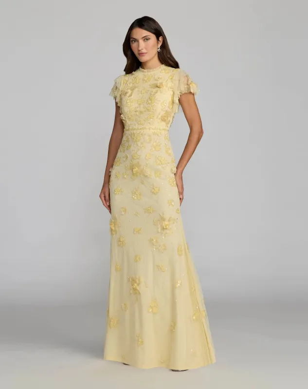 Floral Embellished High Neck Flutter Sleeve Gown made by Mac Duggal