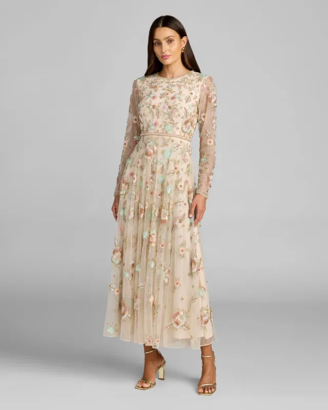 Beige Floral Embellished Long Sleeve Midi Dress made by Mac Duggal