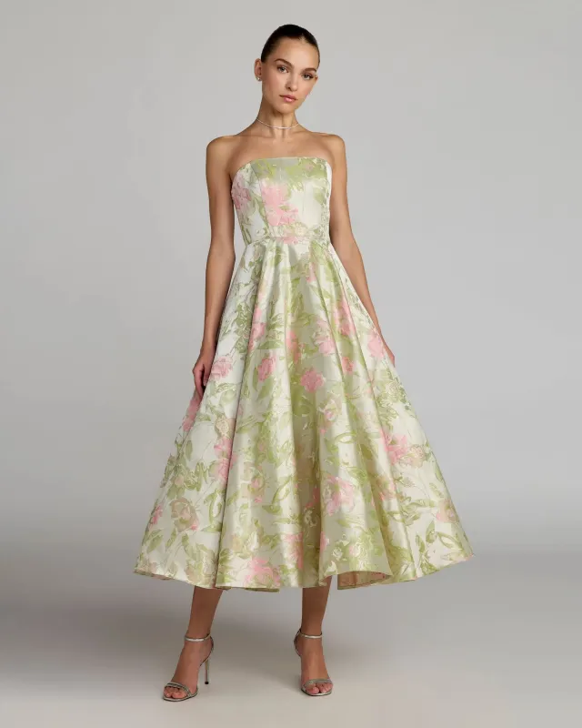 Green Floral Strapless A-Line Midi Dress made by Mac Duggal