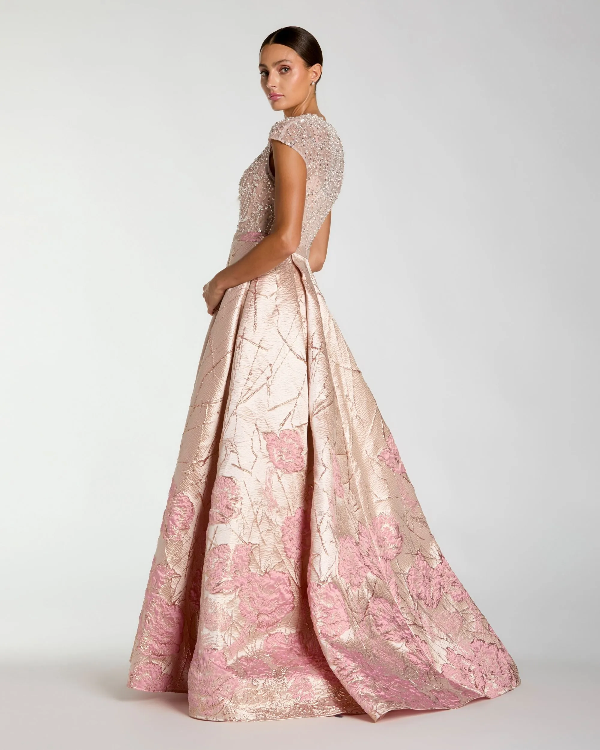 Pink Cap Sleeve Embellished Floral Brocade Ball Gown sold by Mac Duggal product image thumbnail 3