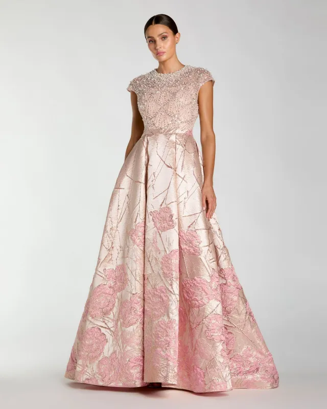 Pink Cap Sleeve Embellished Floral Brocade Ball Gown made by Mac Duggal