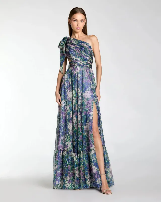 Lilac Multi Floral Chiffon One Shoulder Cut Out Gown made by Mac Duggal