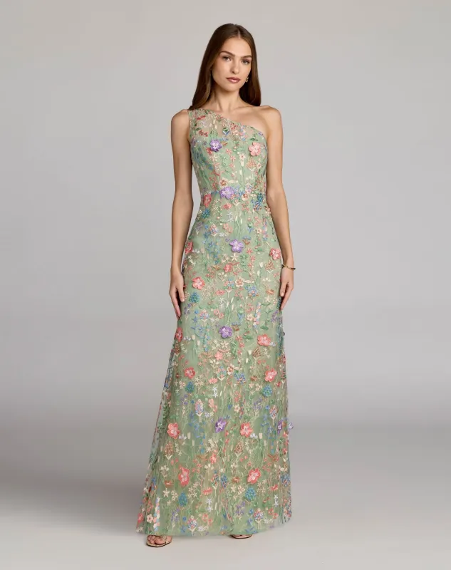 Petite Green One Shoulder Floral Embroidered Gown made by Mac Duggal