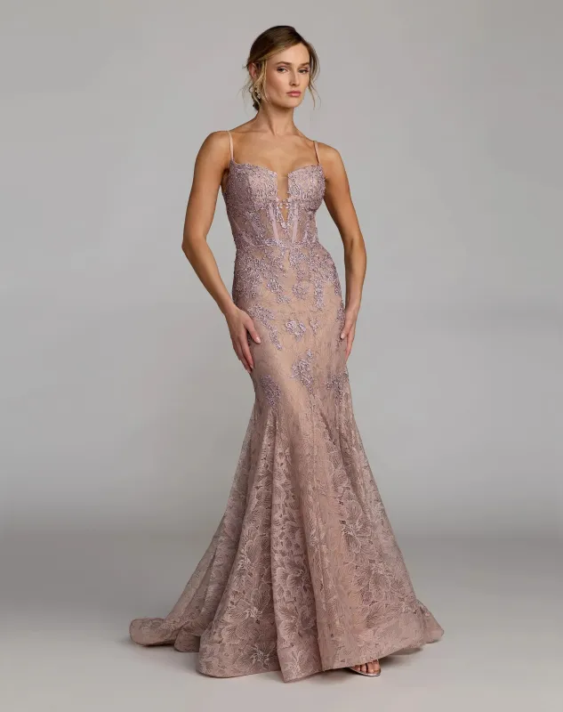Vintage Lilac Embroidered Lace Sleeveless Mermaid Gown made by Mac Duggal