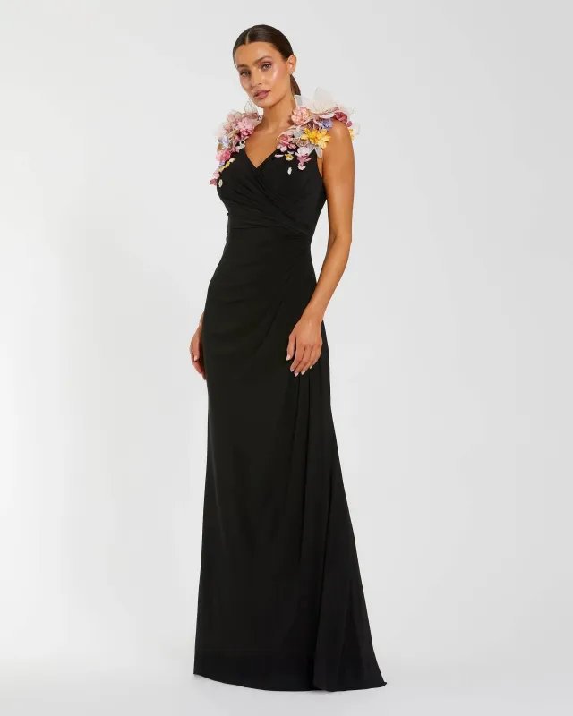 Black Jersey V-Neck Gown With 3D Flowers made by Mac Duggal
