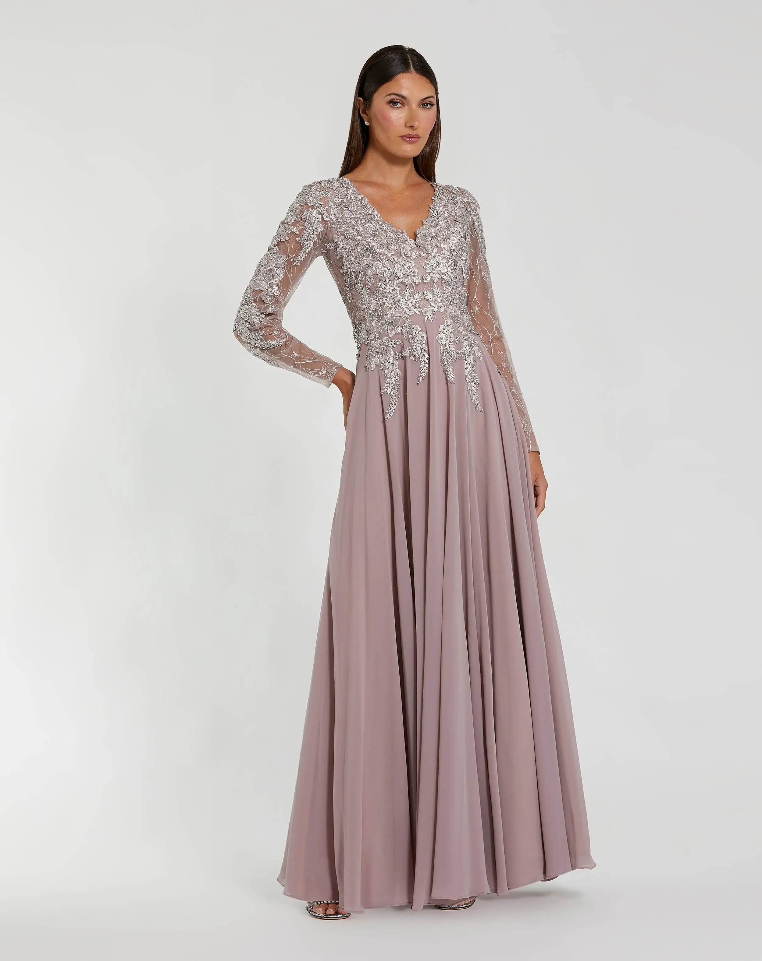 Purple Embellished Illusion V Neck Long Sleeve Gown sold by Mac Duggal