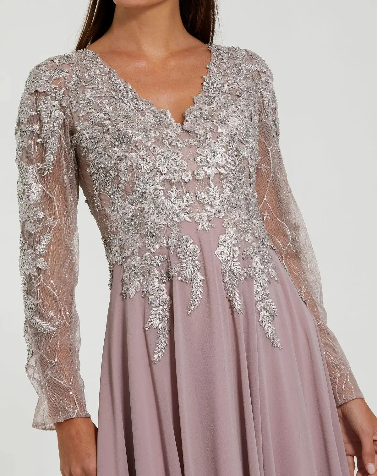 Purple Embellished Illusion V Neck Long Sleeve Gown sold by Mac Duggal product image thumbnail 2
