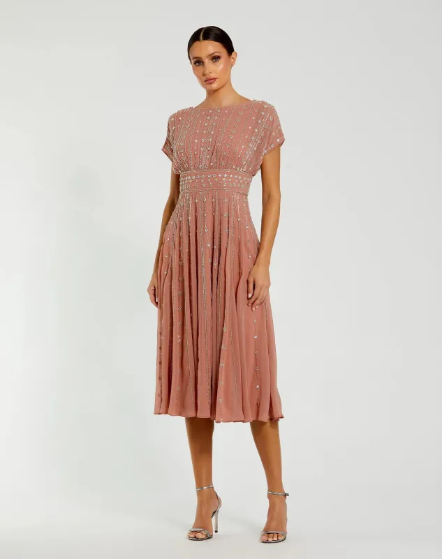 Pink Embellished Short Sleeve Midi Dress made by Mac Duggal