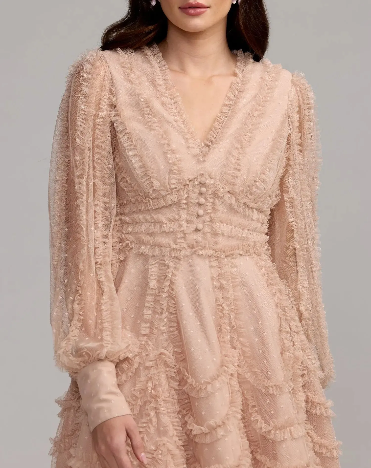 Beige Long Sleeve Micro Ruffle V Neck Mini Dress sold by Mac Duggal product image thumbnail 2