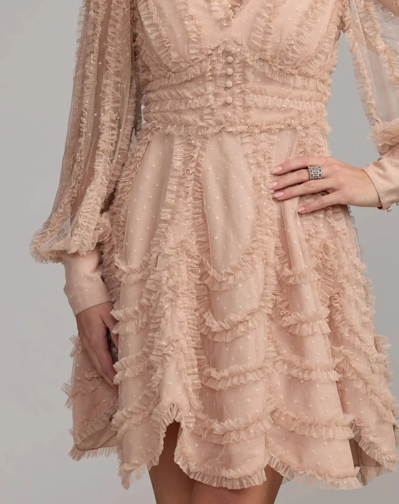 Beige Long Sleeve Micro Ruffle V Neck Mini Dress sold by Mac Duggal product image thumbnail 3