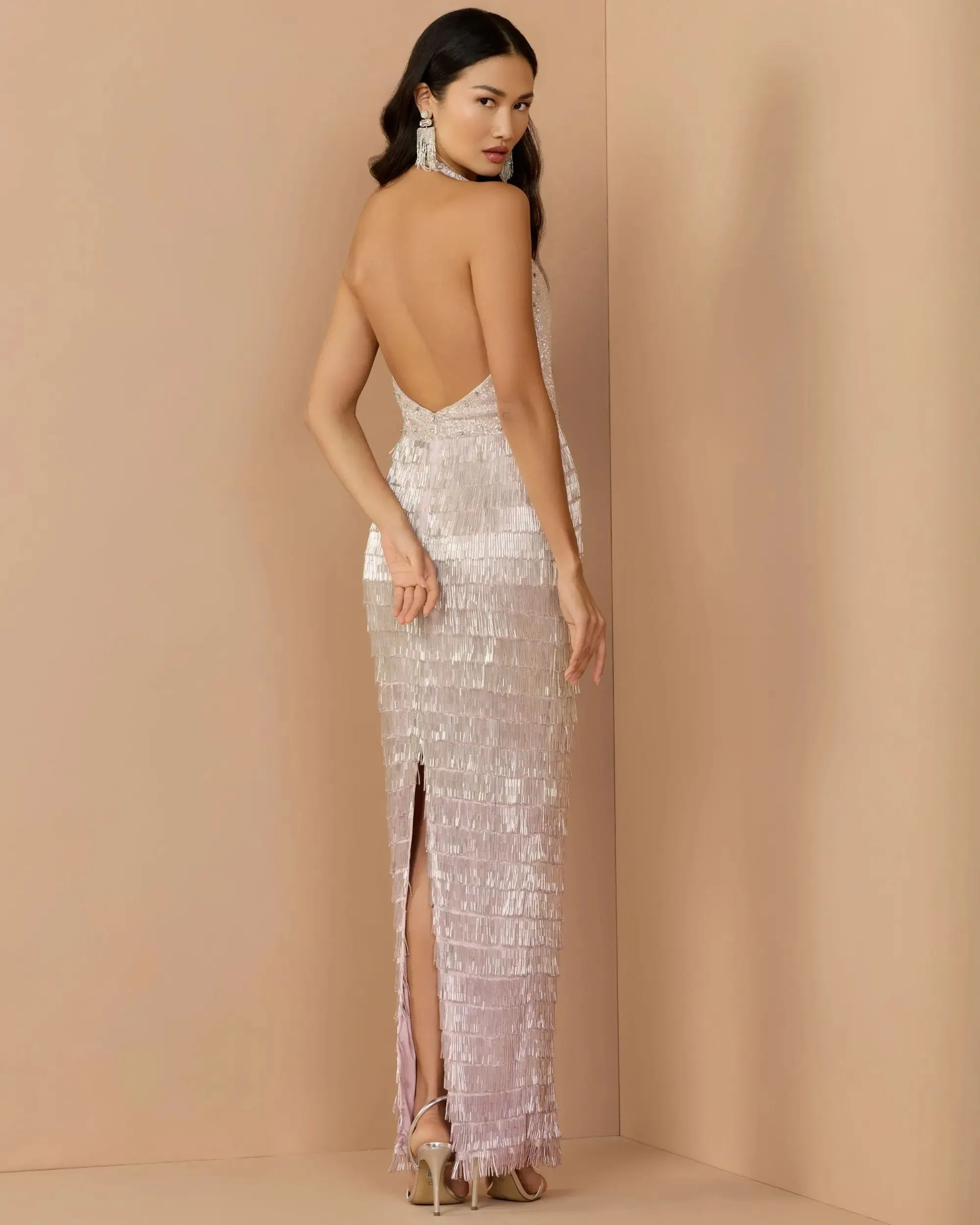 Purple and Silver Halter Neck Embellished Fringe Gown sold by Mac Duggal product image thumbnail 2