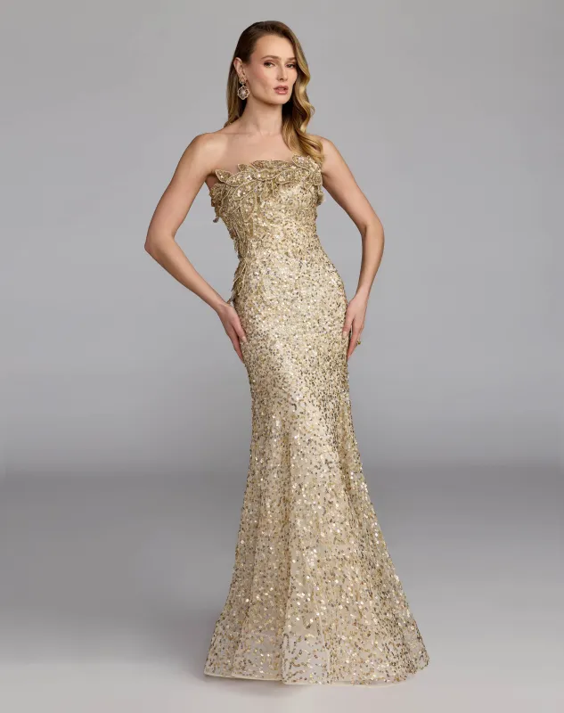 Gold Strapless Mermaid Gown With 3D Floral Appliqué made by Mac Duggal