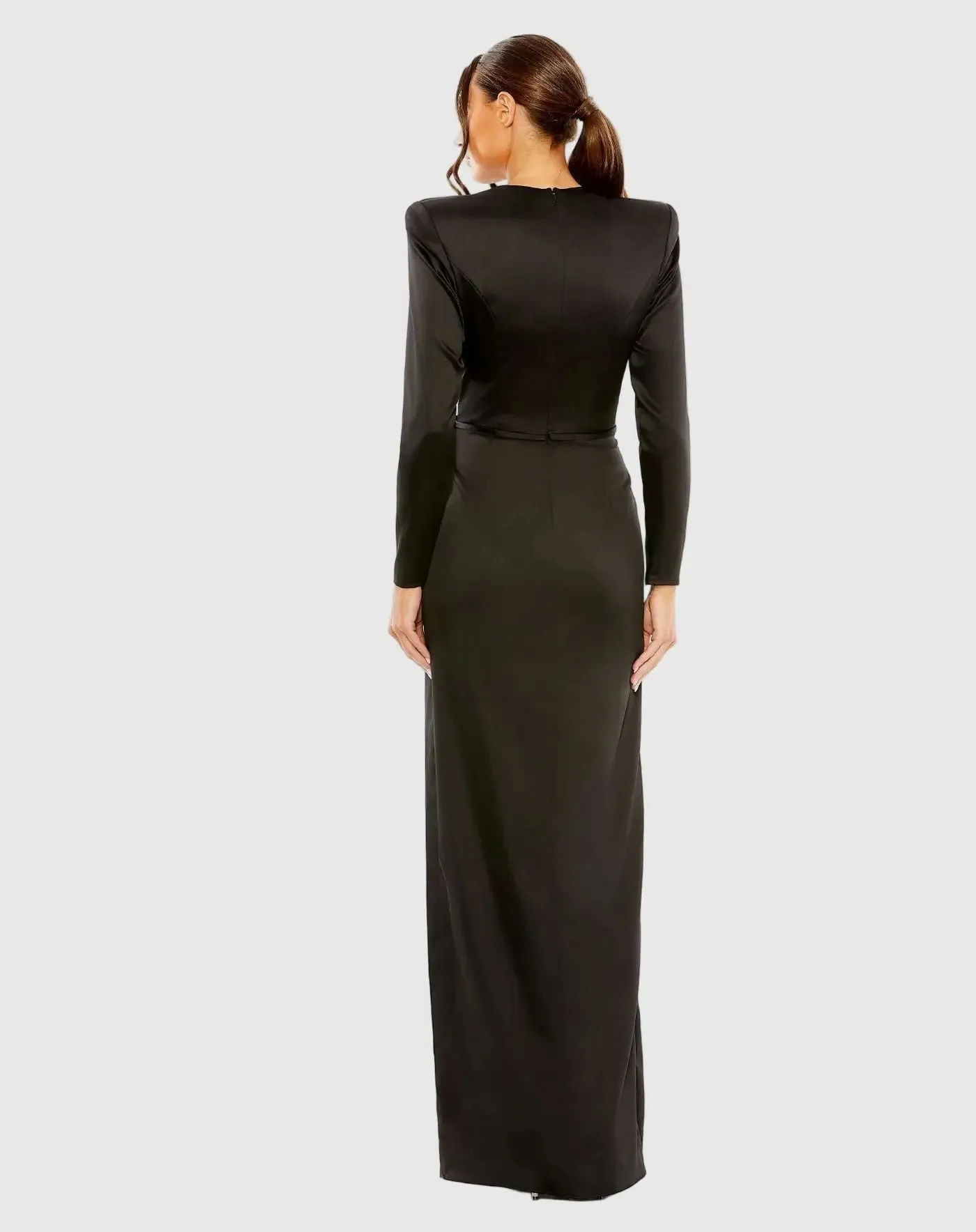 Petite Black Long Sleeve Satin Structured Bow Draped Column Gown sold by Mac Duggal product image thumbnail 3