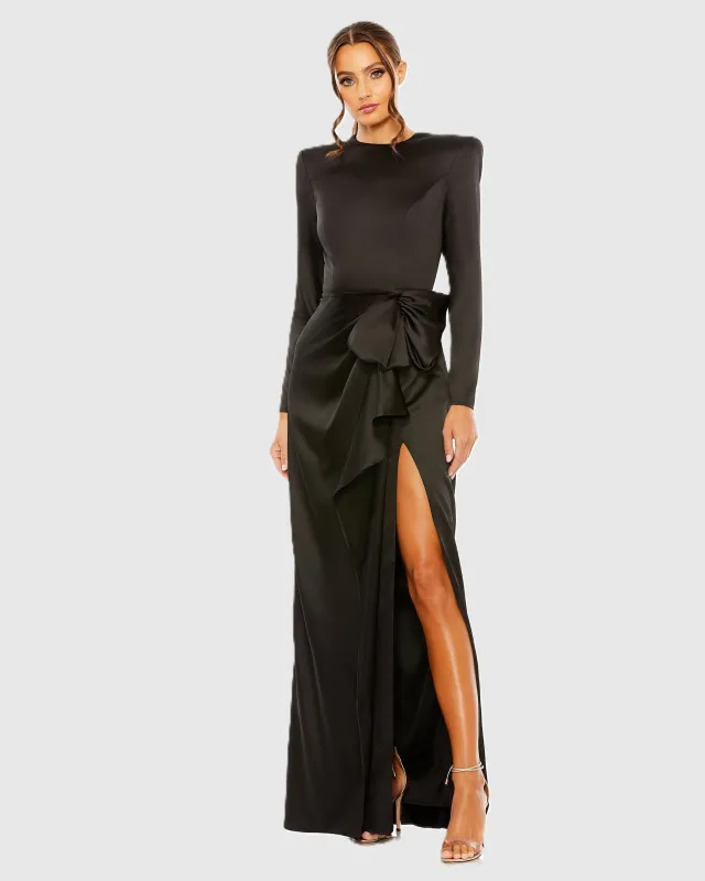 Petite Black Long Sleeve Satin Structured Bow Draped Column Gown made by Mac Duggal