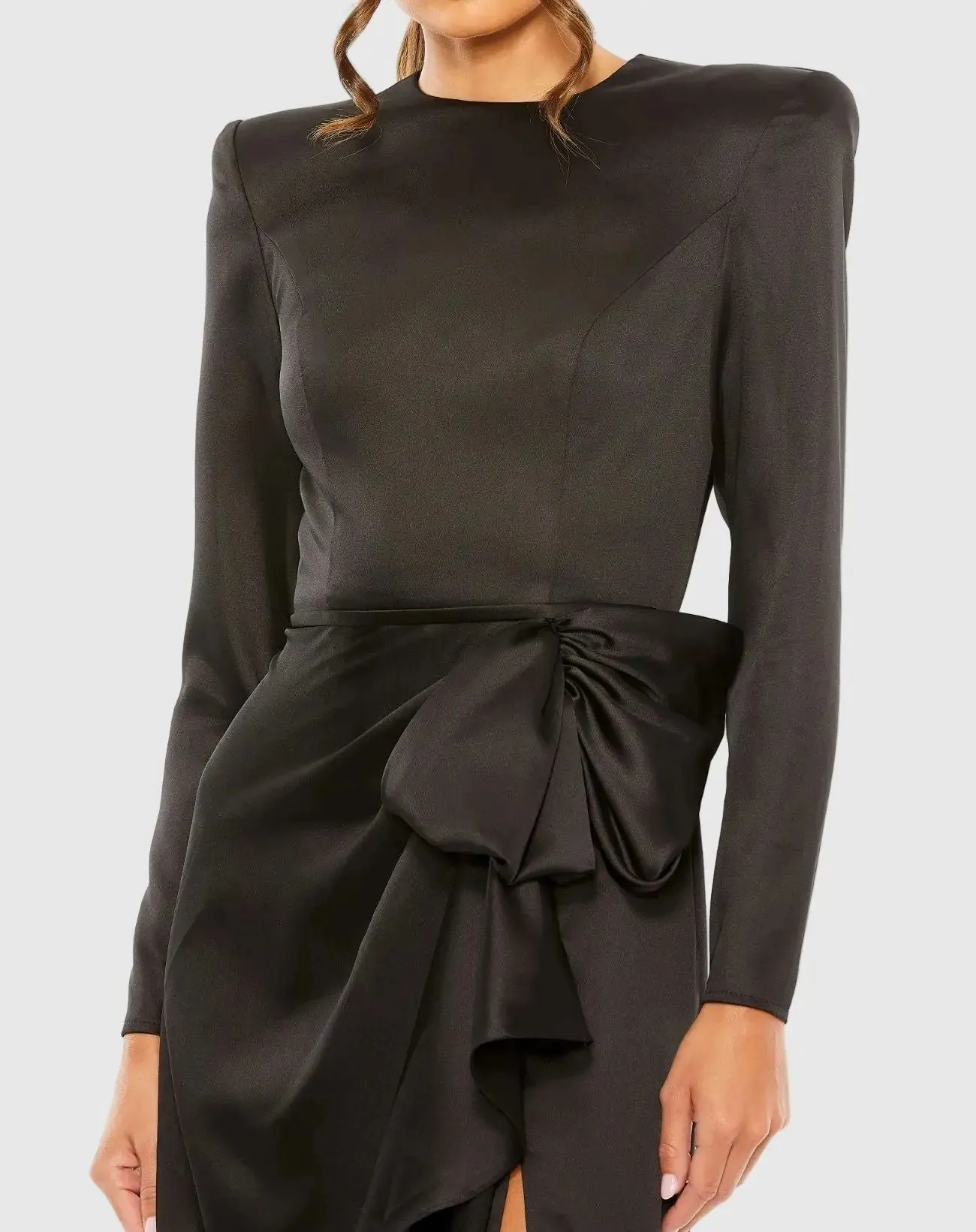 Petite Black Long Sleeve Satin Structured Bow Draped Column Gown sold by Mac Duggal product image thumbnail 2