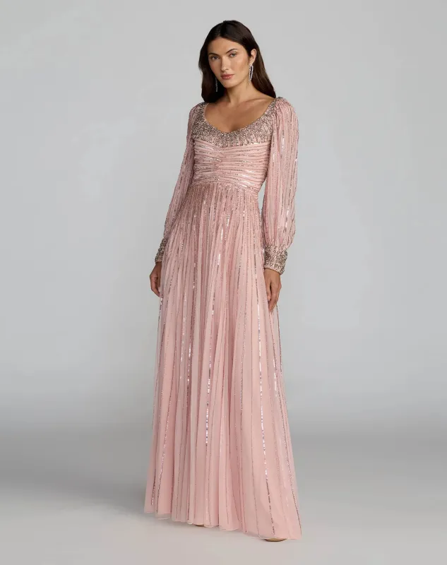Pink Embellished Long Sleeve Scoop Neck A-Line Gown made by Mac Duggal