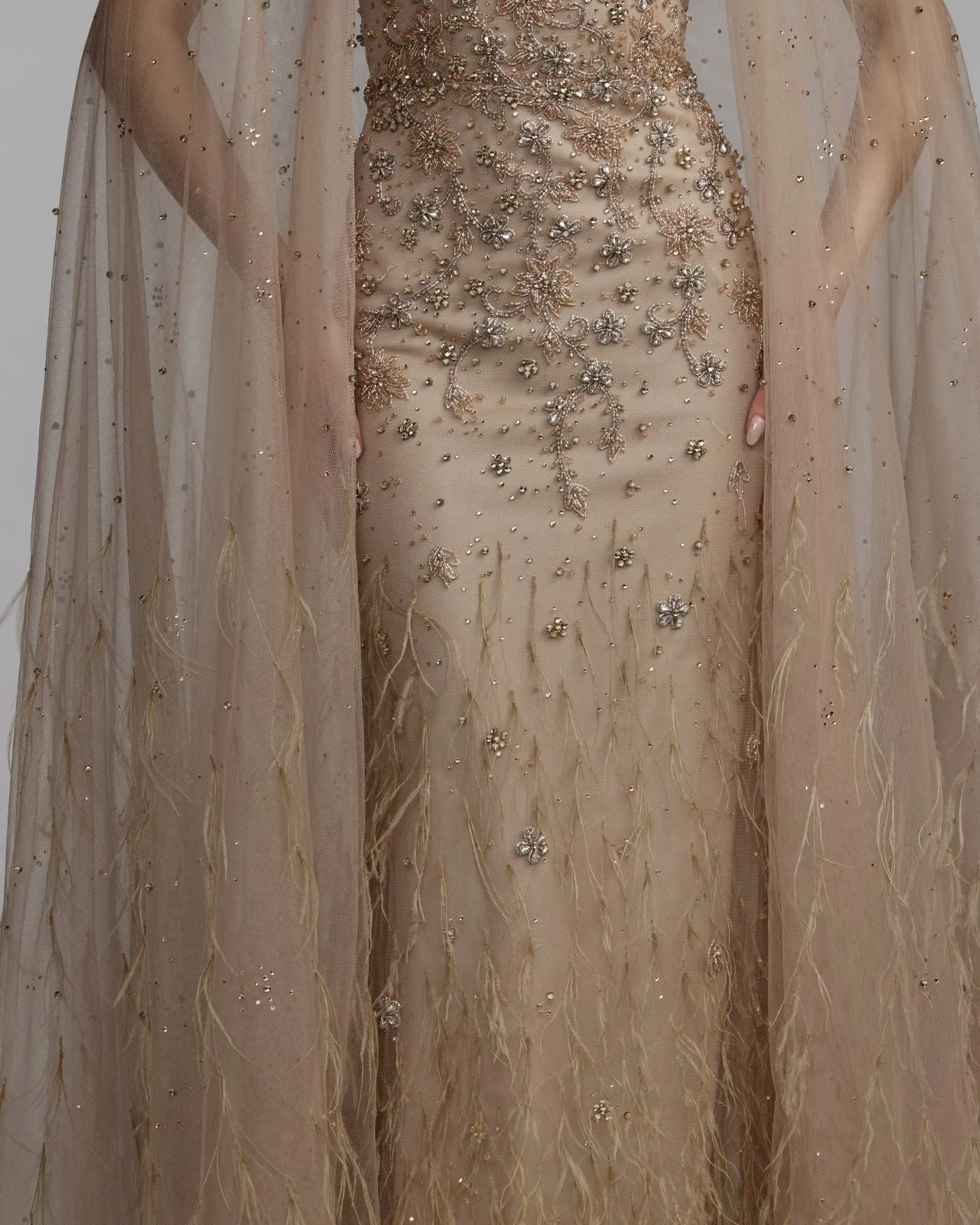 Beige Crystal Embellished Cape Gown with Feathers sold by Mac Duggal product image thumbnail 2