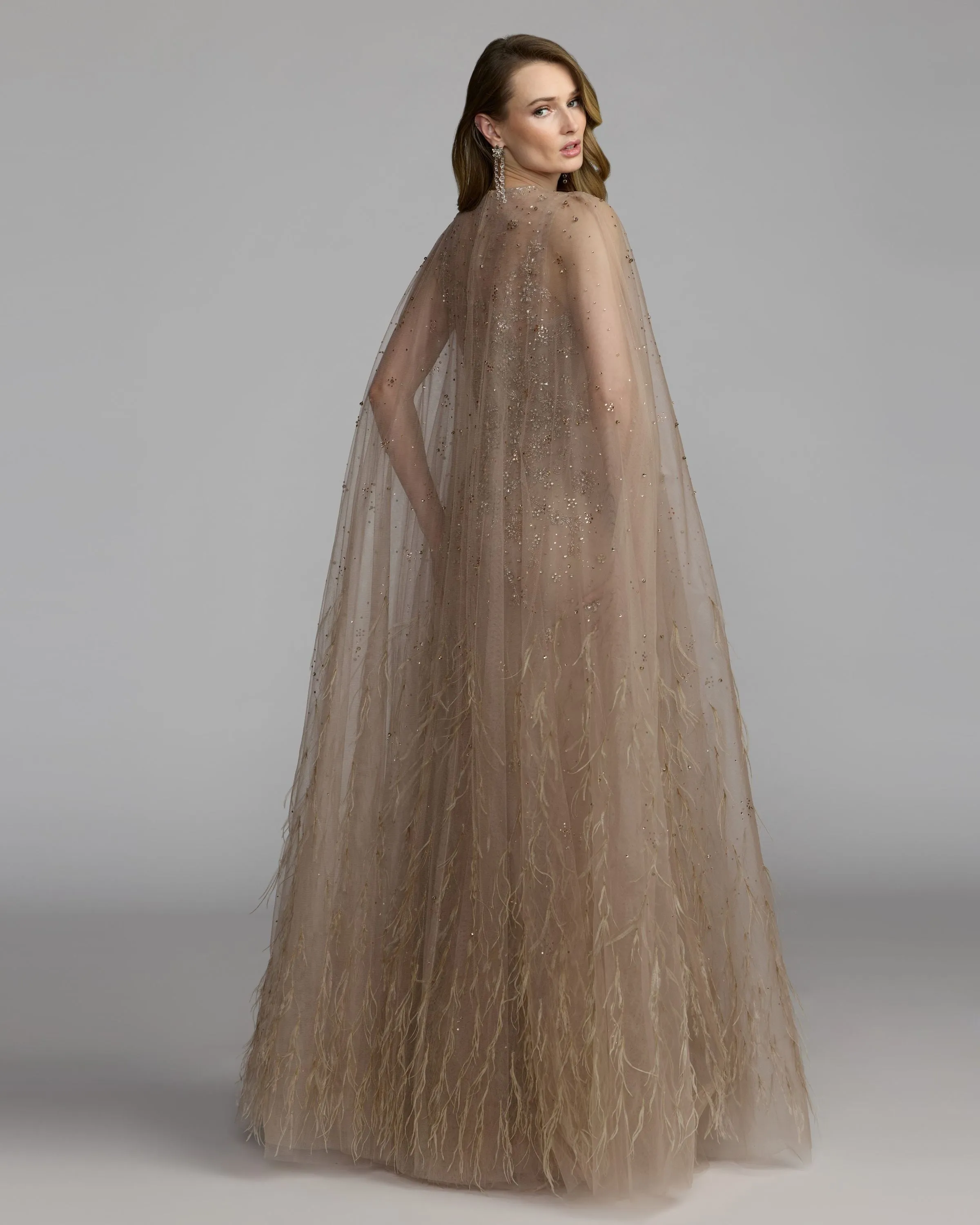 Beige Crystal Embellished Cape Gown with Feathers sold by Mac Duggal product image thumbnail 4