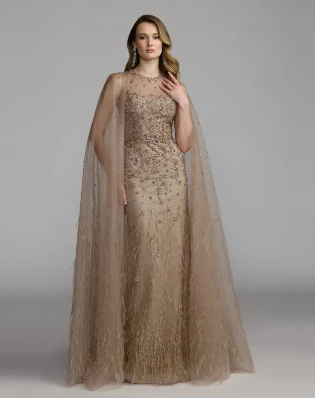 Beige Crystal Embellished Cape Gown with Feathers made by Mac Duggal