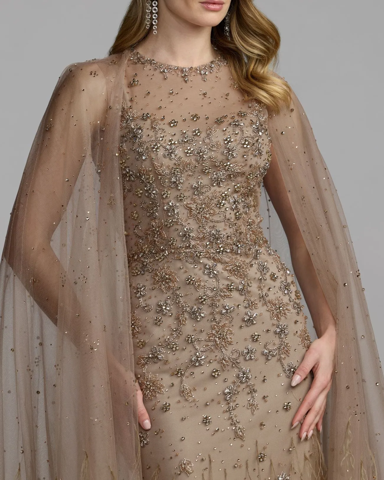 Beige Crystal Embellished Cape Gown with Feathers sold by Mac Duggal product image thumbnail 3