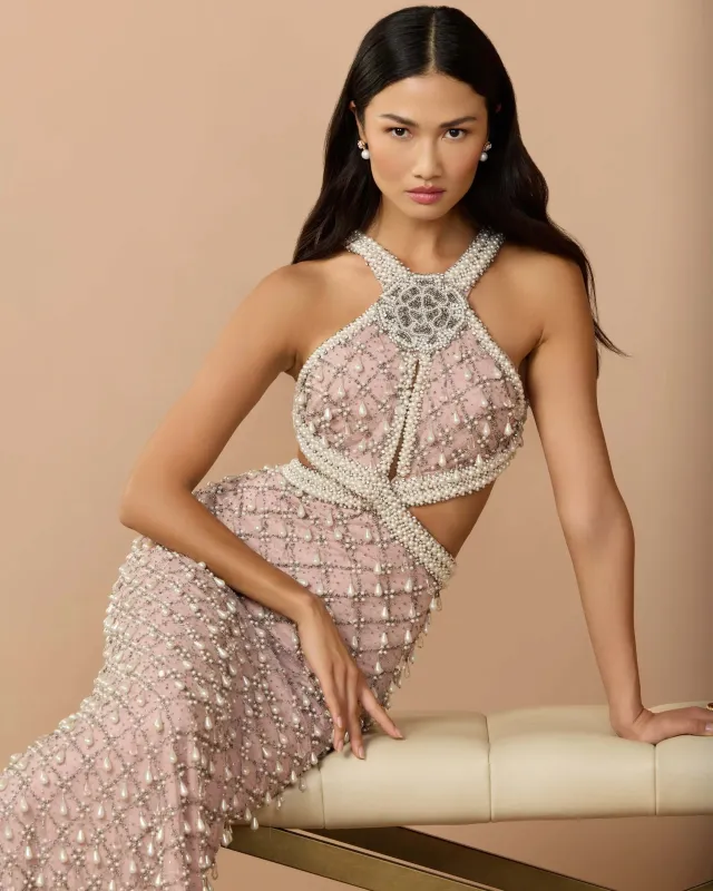 Pearl Embellished Open Back Gown made by Mac Duggal