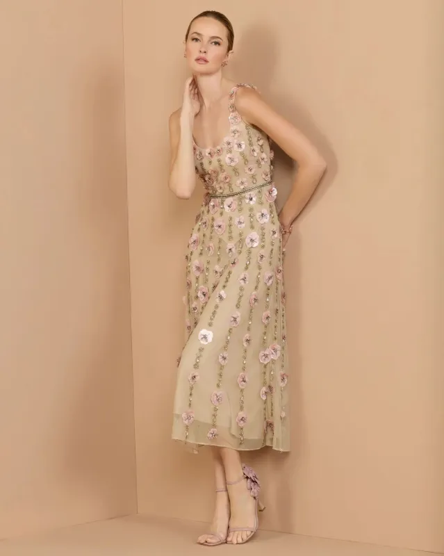 Nude Rose Sleeveless Scoop Neck Embellished Midi Dress made by Mac Duggal