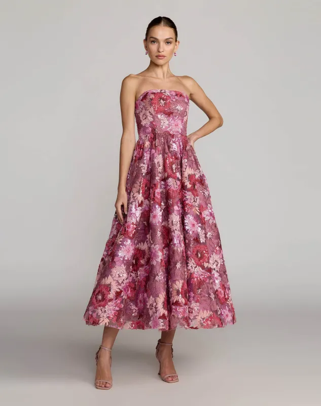 Purple Floral Sequin Strapless Midi Dress made by Mac Duggal