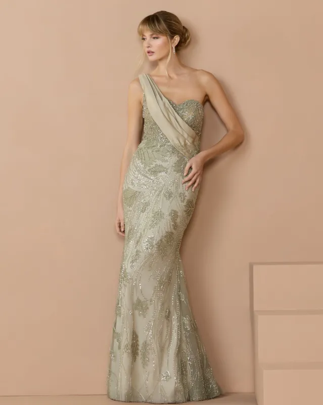Green Beaded One Shoulder Draped Mermaid Gown made by Mac Duggal