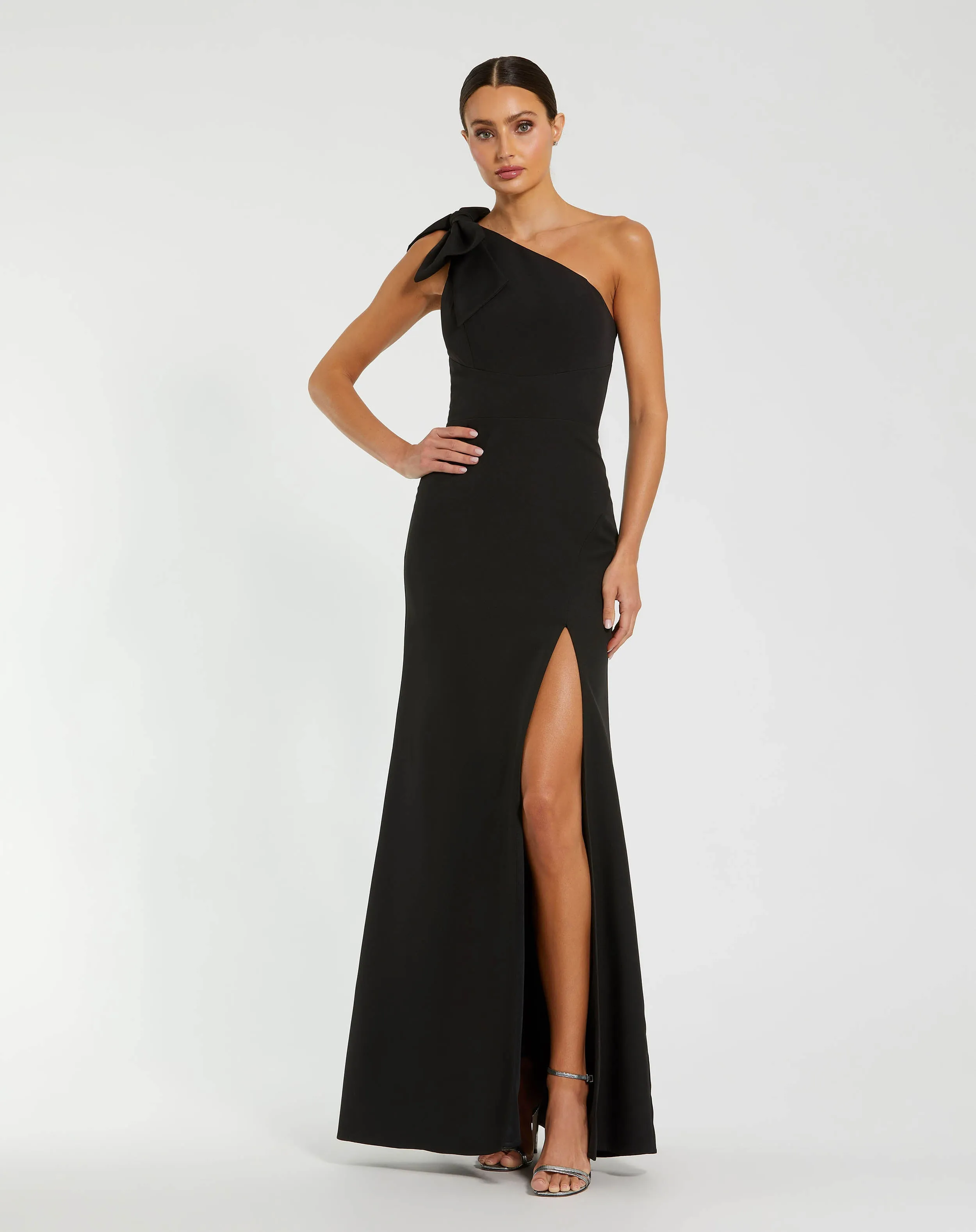 Petite Black Crepe One Shoulder Fitted Evening Gown With Bow sold by Mac Duggal