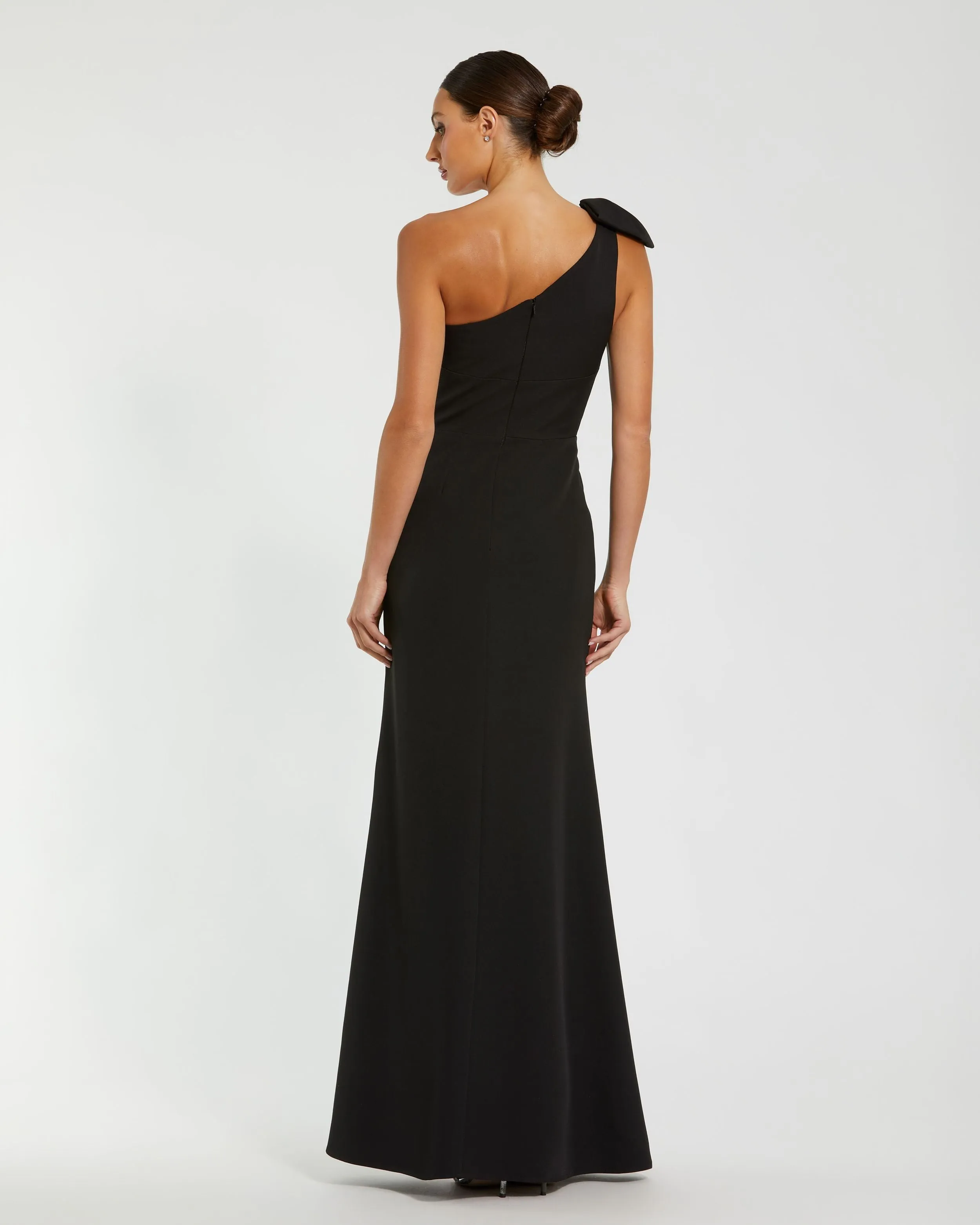 Petite Black Crepe One Shoulder Fitted Evening Gown With Bow sold by Mac Duggal product image thumbnail 3
