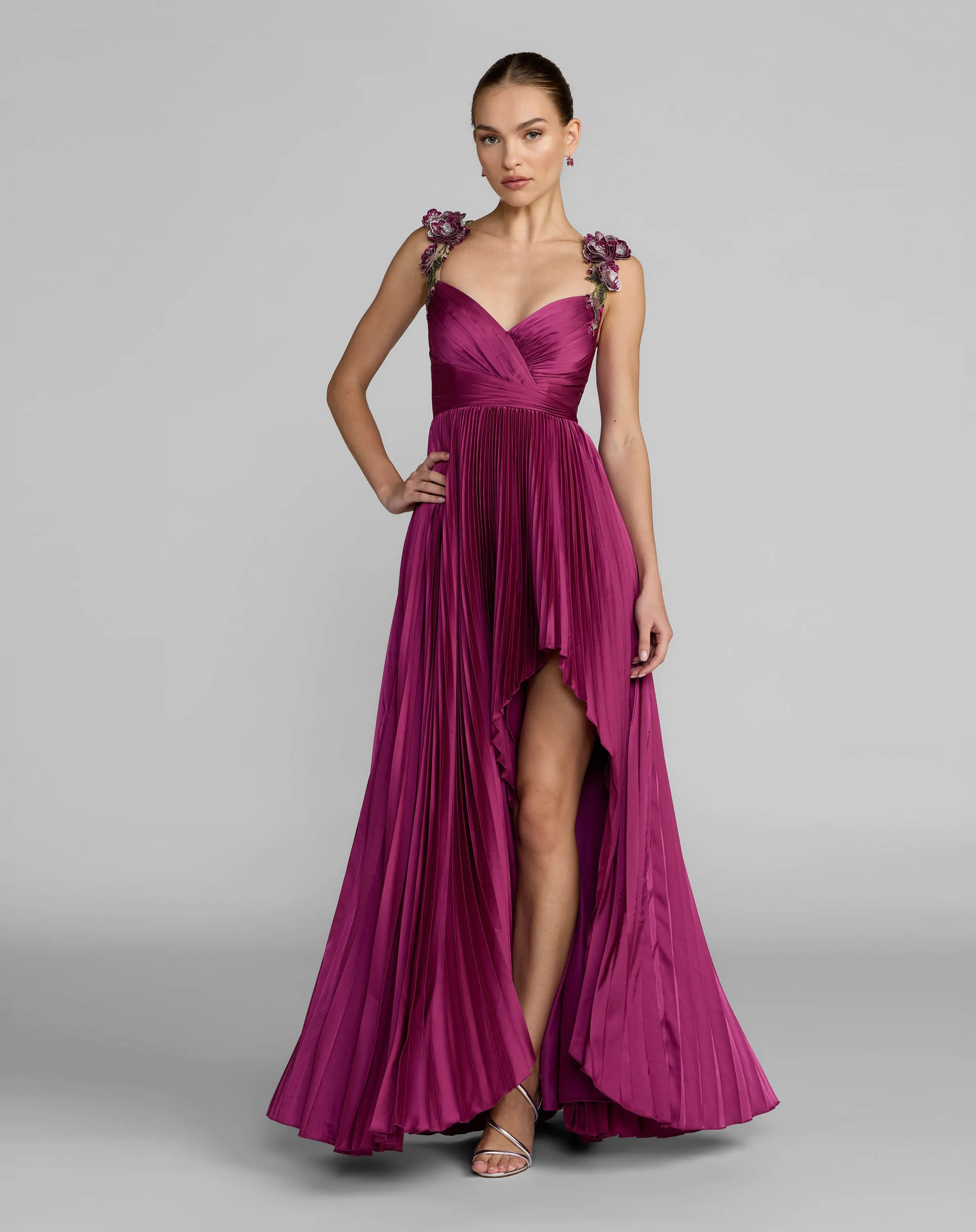 Pleated High Low Gown With 3D Floral Straps sold by Mac Duggal
