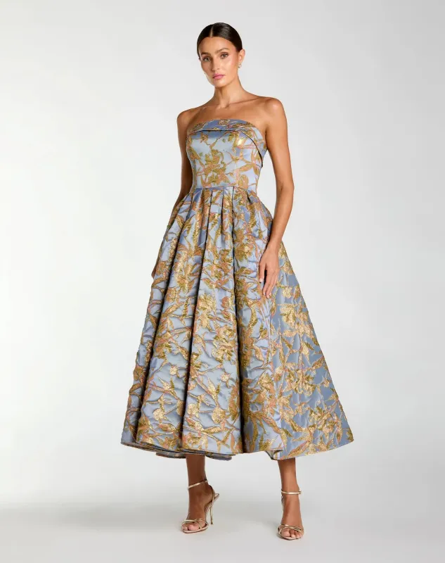 Blue Strapless Brocade Midi Dress With Pockets made by Mac Duggal