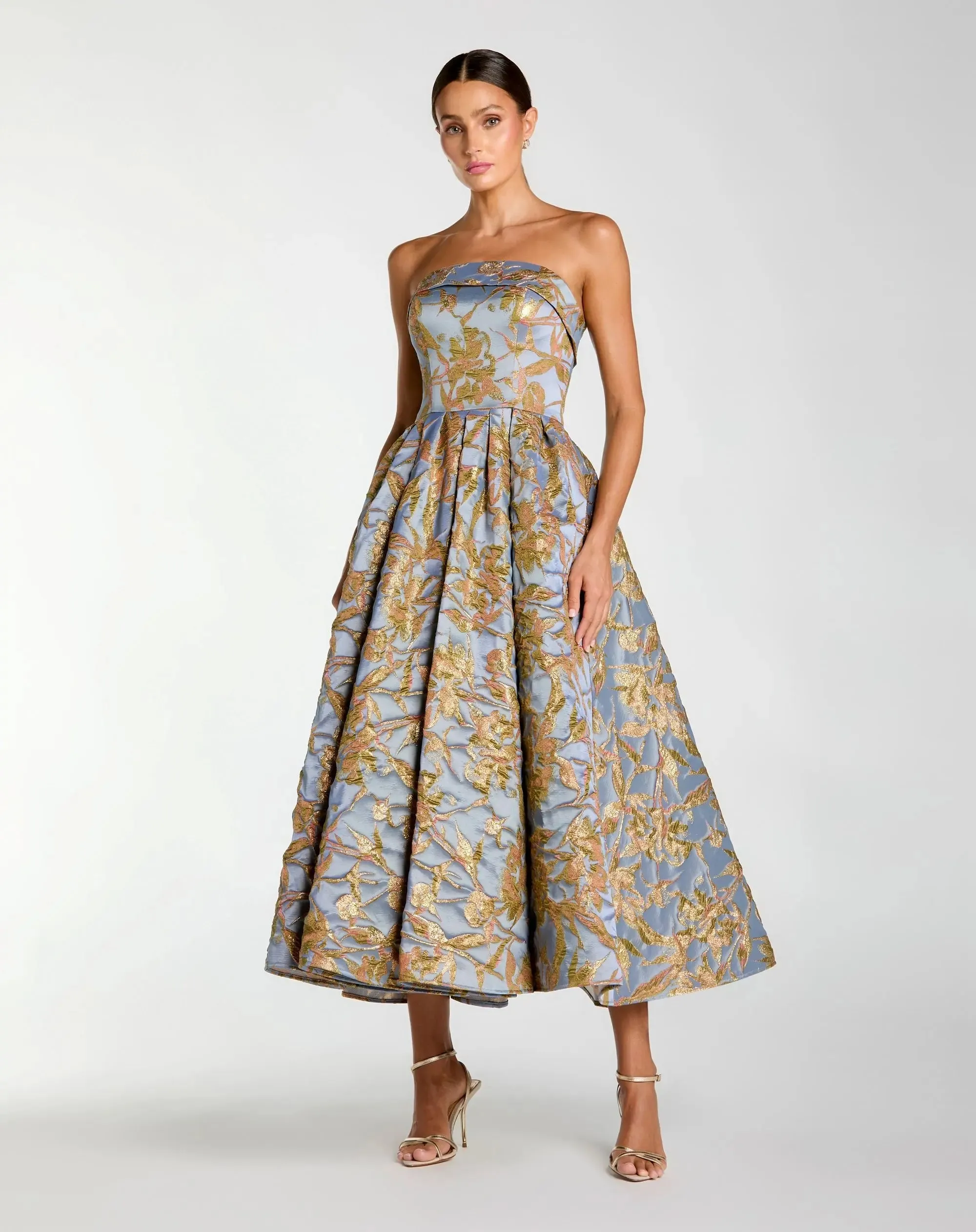 Blue Strapless Brocade Midi Dress With Pockets sold by Mac Duggal