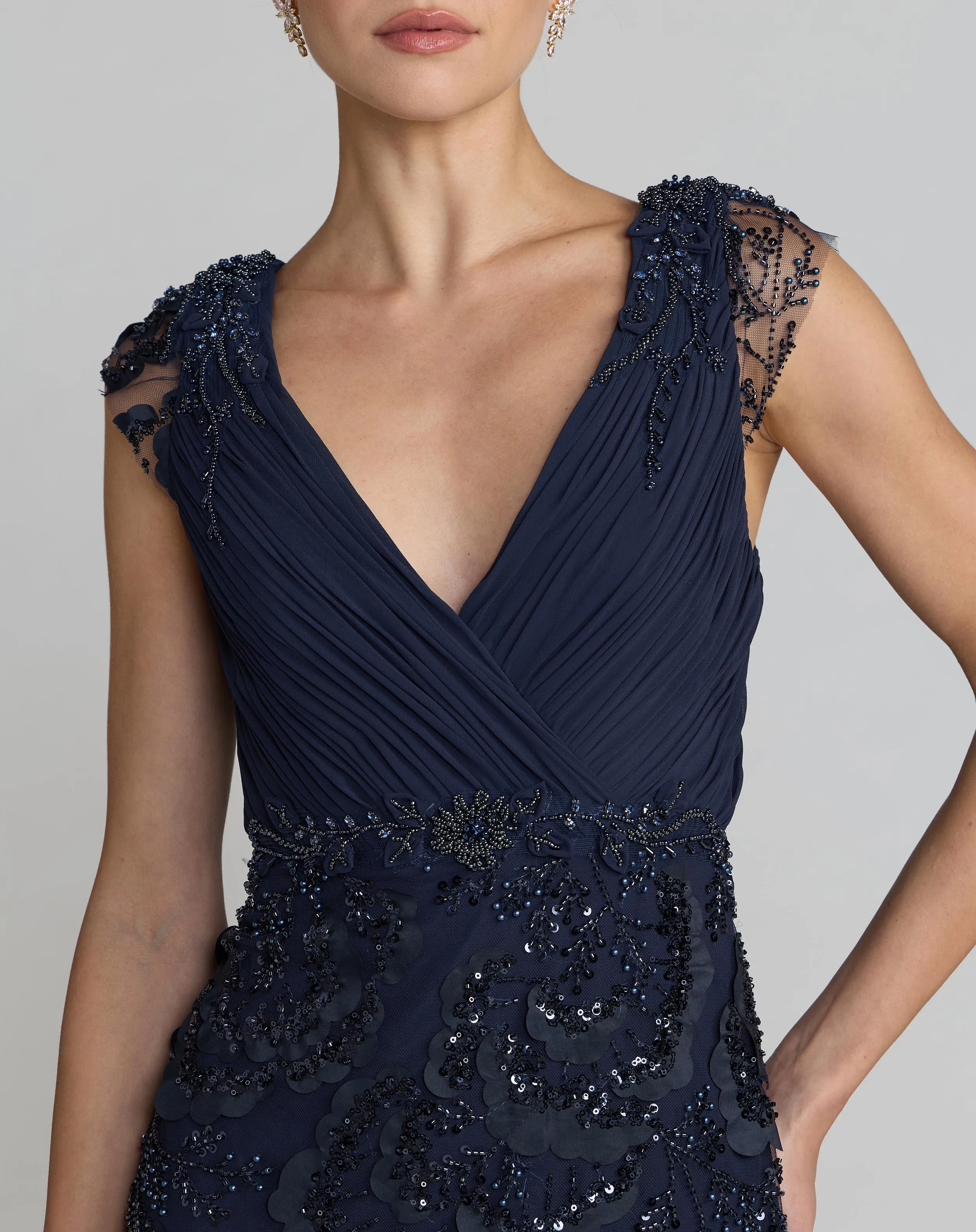 Navy Floral Beaded Chiffon V-Neck Evening Gown sold by Mac Duggal product image thumbnail 2
