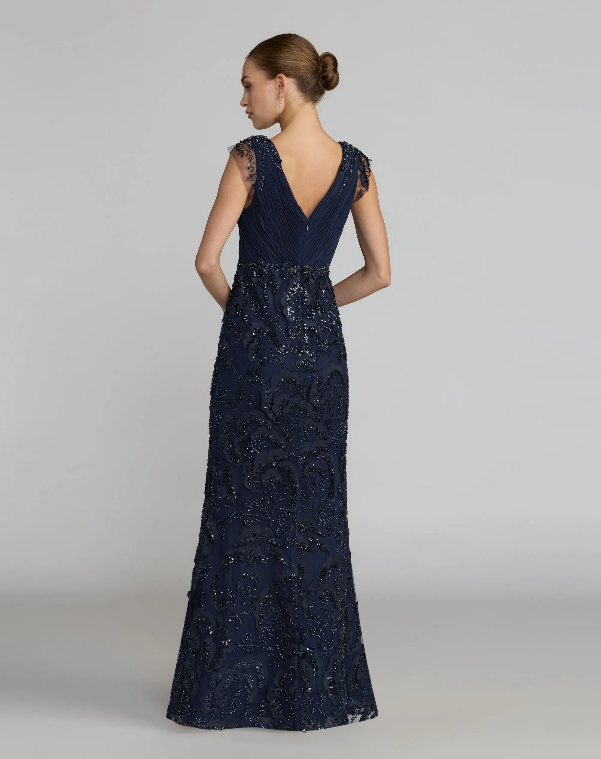 Navy Floral Beaded Chiffon V-Neck Evening Gown sold by Mac Duggal product image thumbnail 4