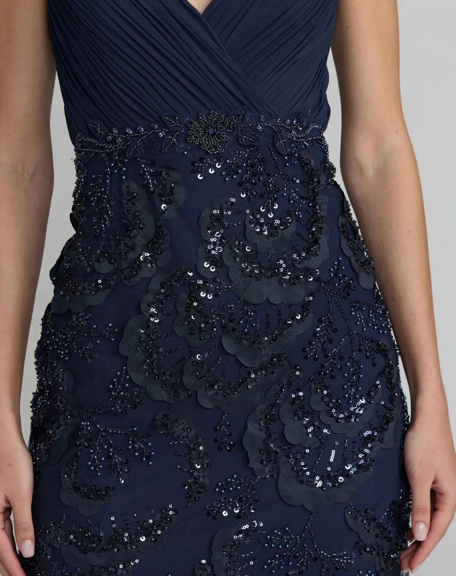 Navy Floral Beaded Chiffon V-Neck Evening Gown sold by Mac Duggal product image thumbnail 3