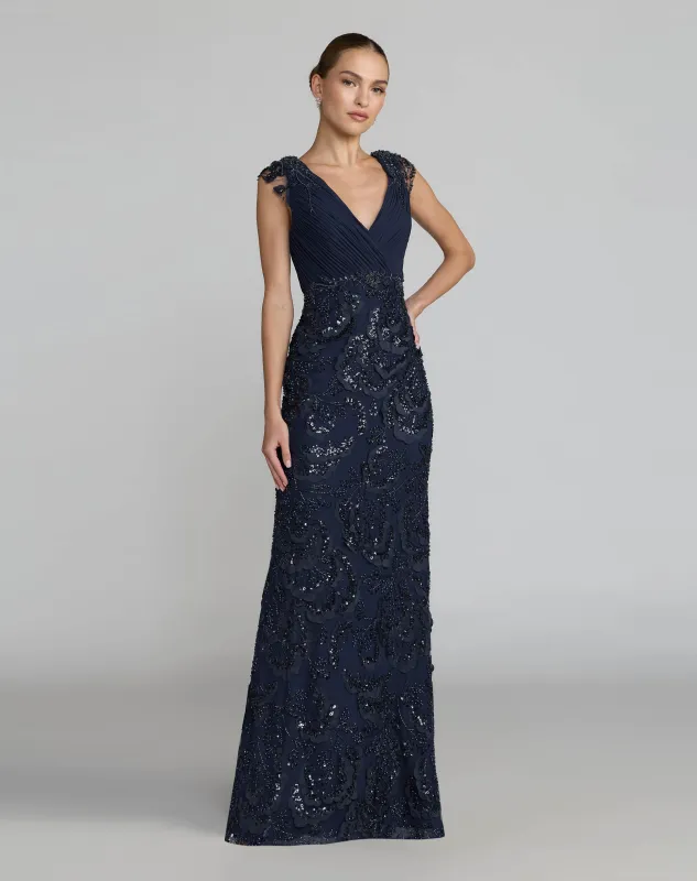 Navy Floral Beaded Chiffon V-Neck Evening Gown made by Mac Duggal
