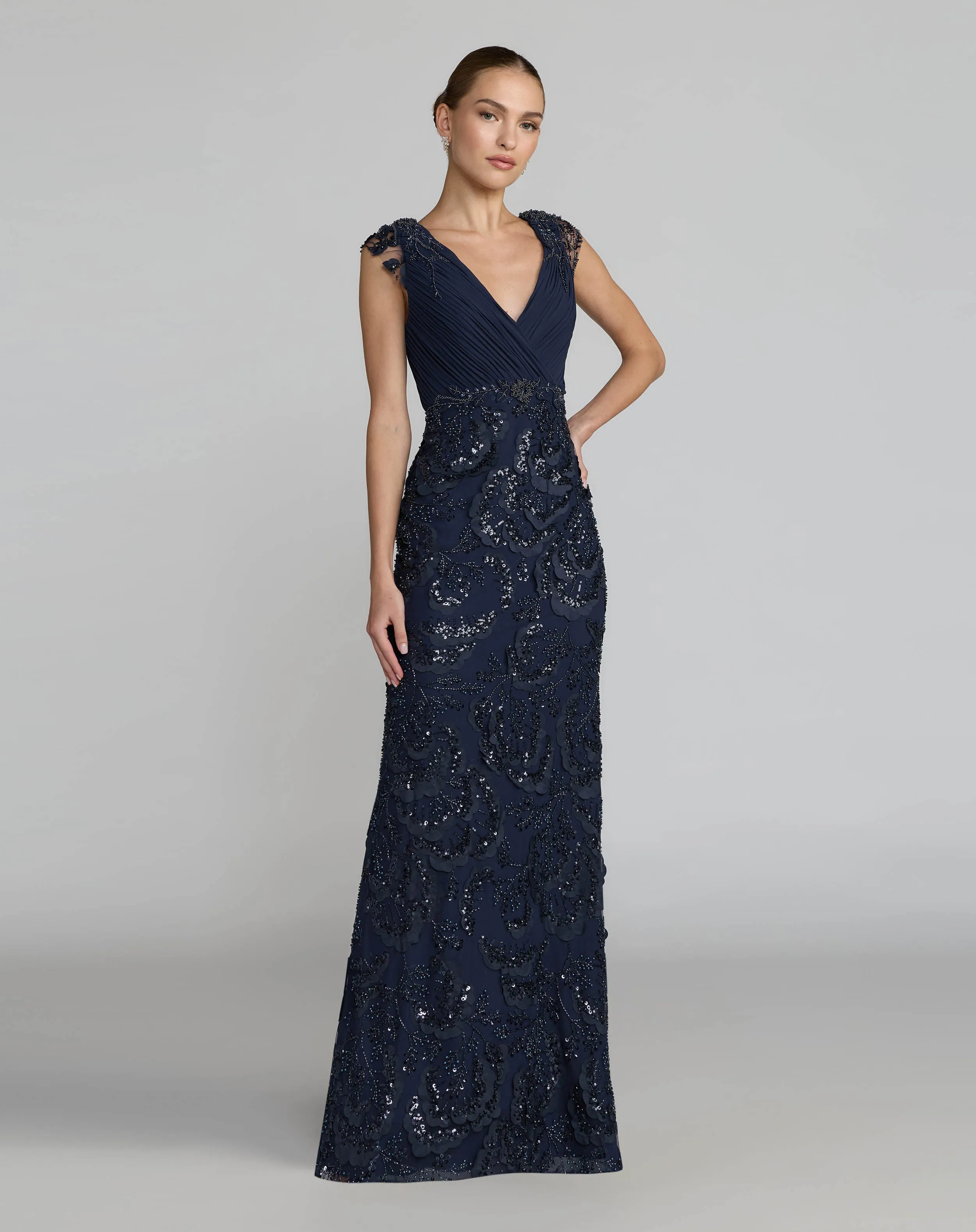 Navy Floral Beaded Chiffon V-Neck Evening Gown sold by Mac Duggal
