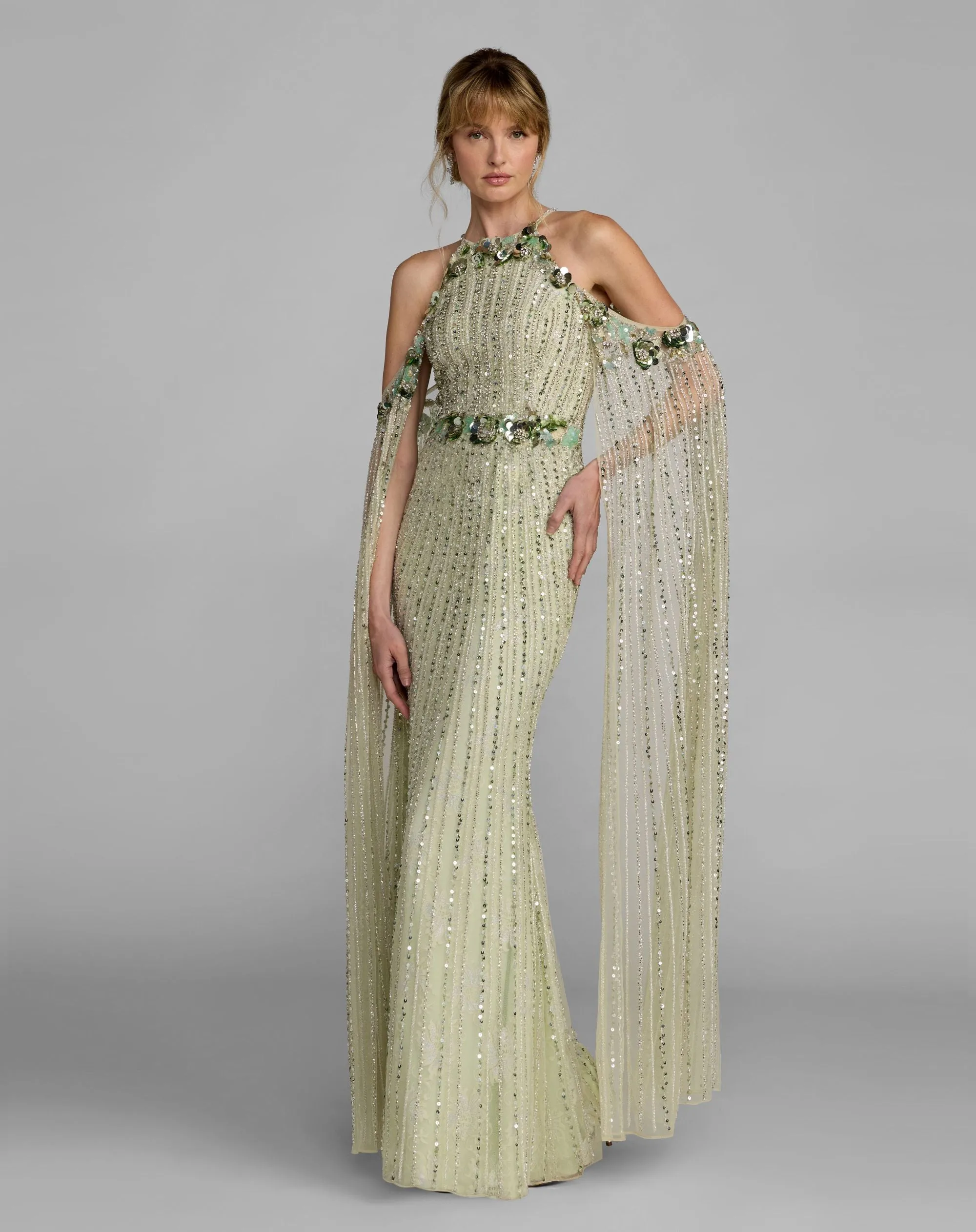 Green Embellished Column Gown With Cape Sleeves sold by Mac Duggal product image thumbnail 4