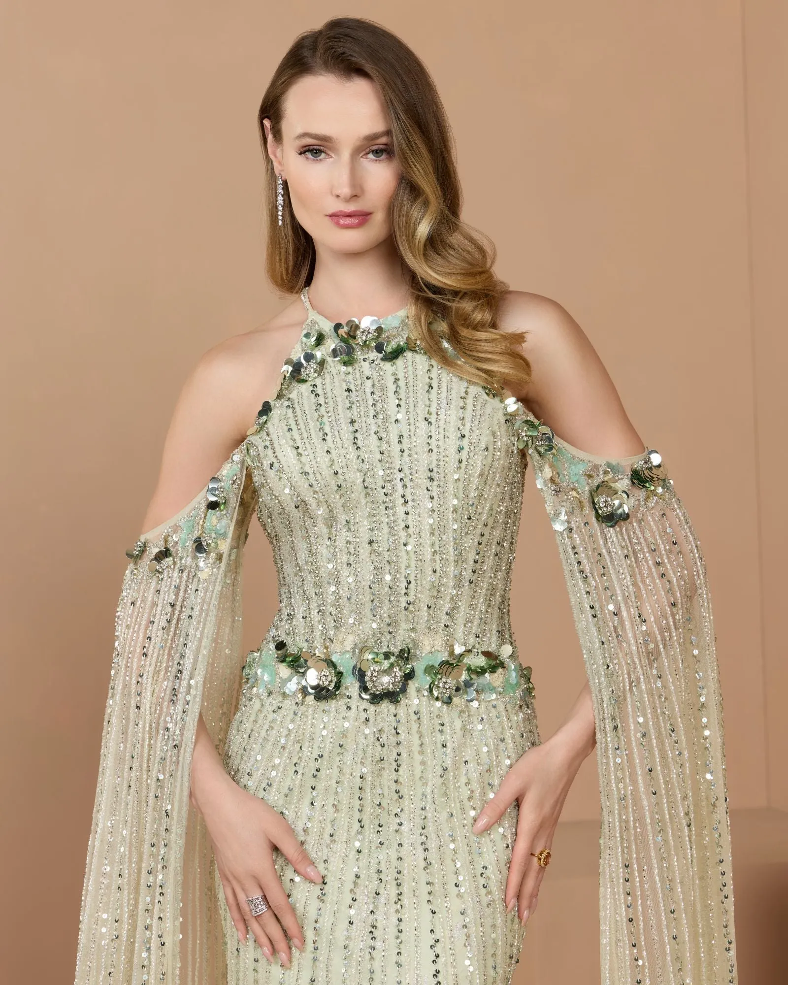 Green Embellished Column Gown With Cape Sleeves sold by Mac Duggal product image thumbnail 3