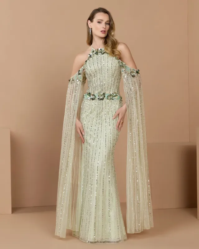 Green Embellished Column Gown With Cape Sleeves made by Mac Duggal