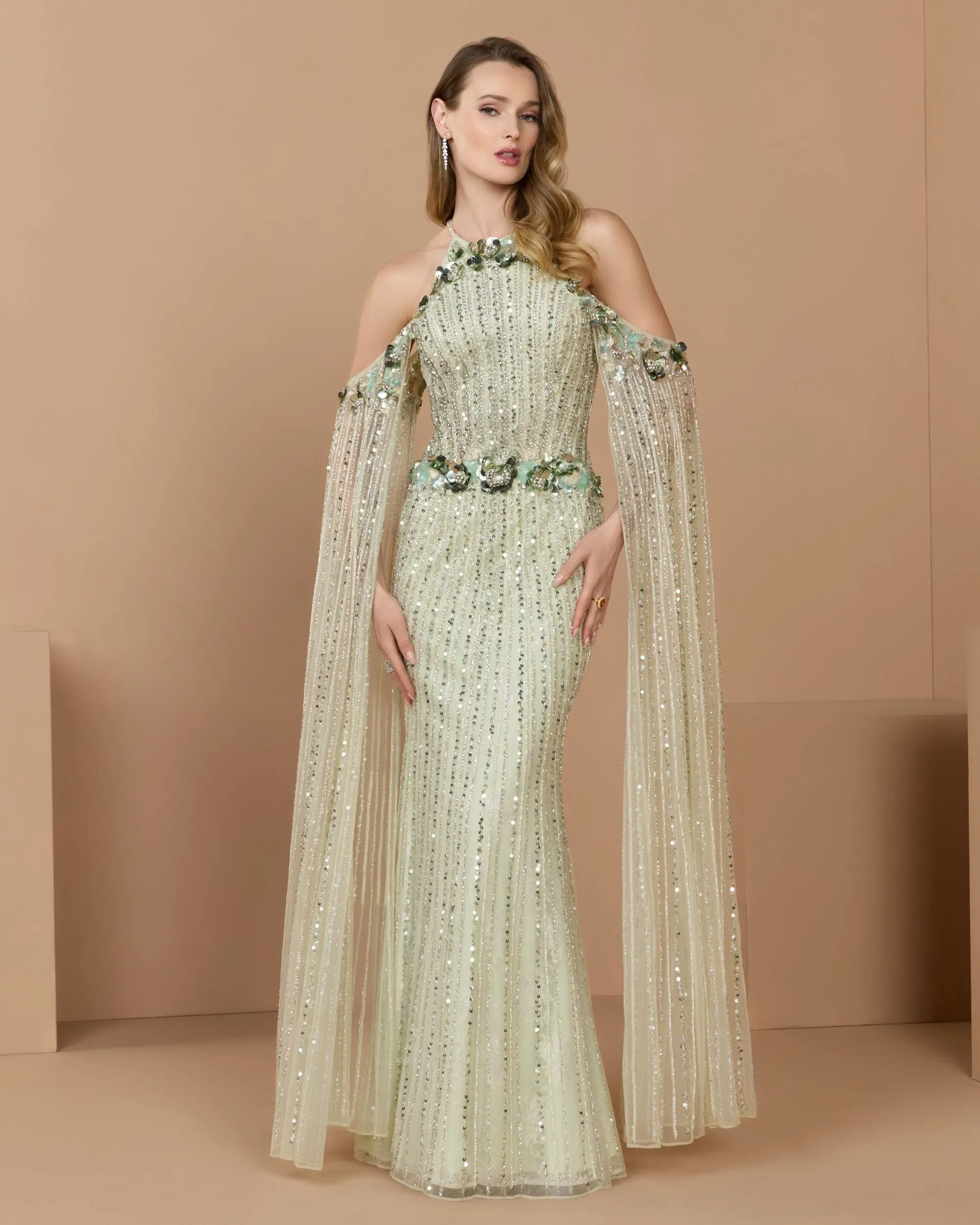 Green Embellished Column Gown With Cape Sleeves sold by Mac Duggal