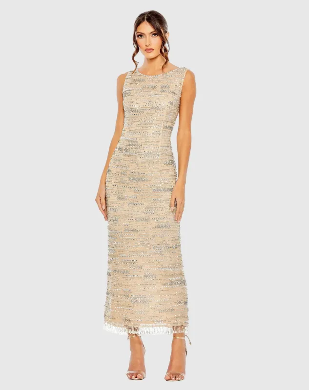 Beige Sleeveless Embellished Dress With Fringe Hem made by Mac Duggal