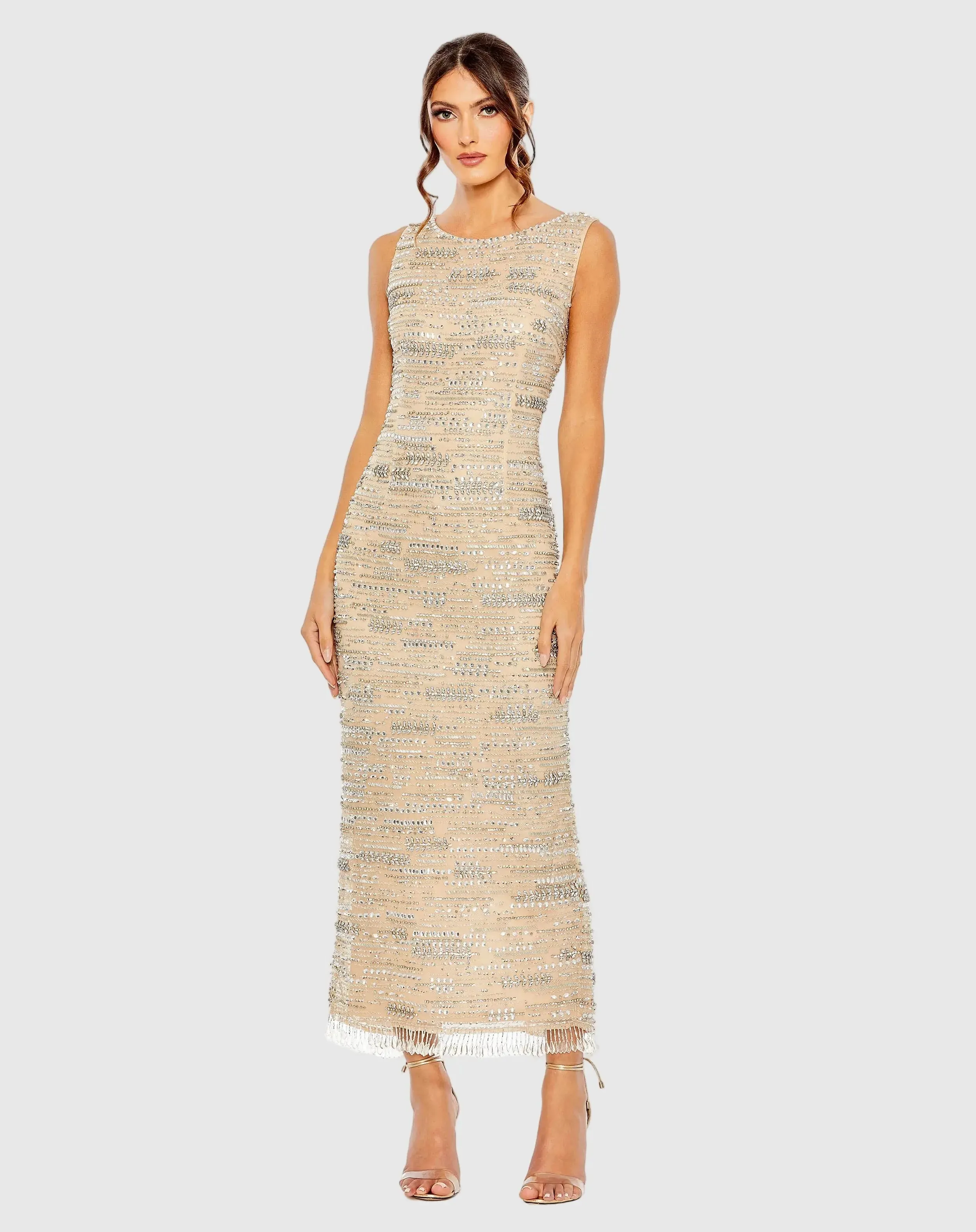 Beige Sleeveless Embellished Dress With Fringe Hem sold by Mac Duggal