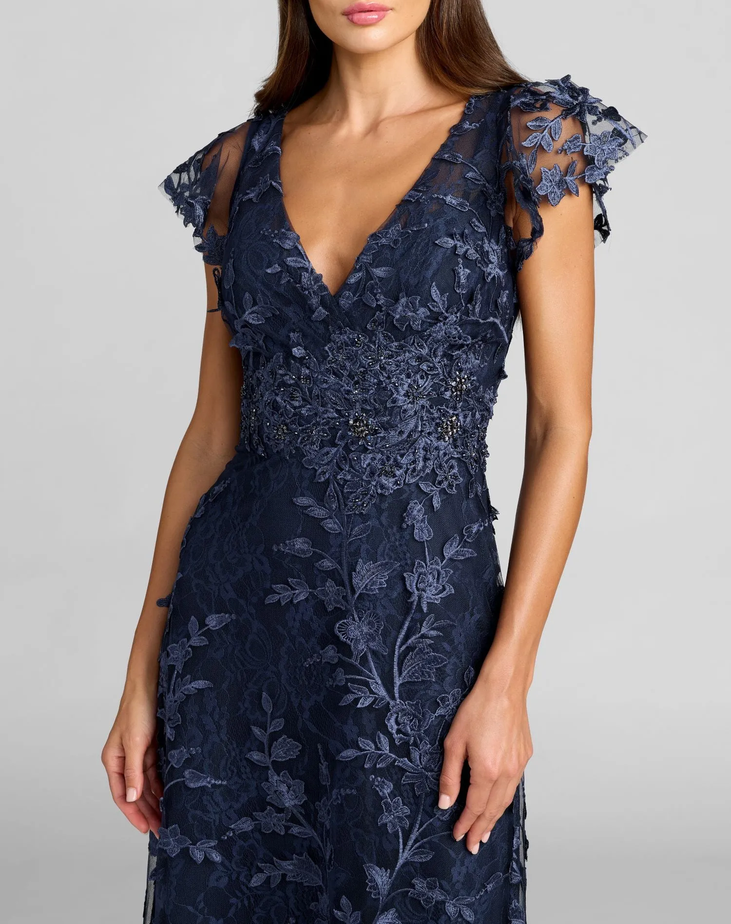 Navy Embroidered Applique Wrap Over Flutter Sleeve Gown sold by Mac Duggal product image thumbnail 2