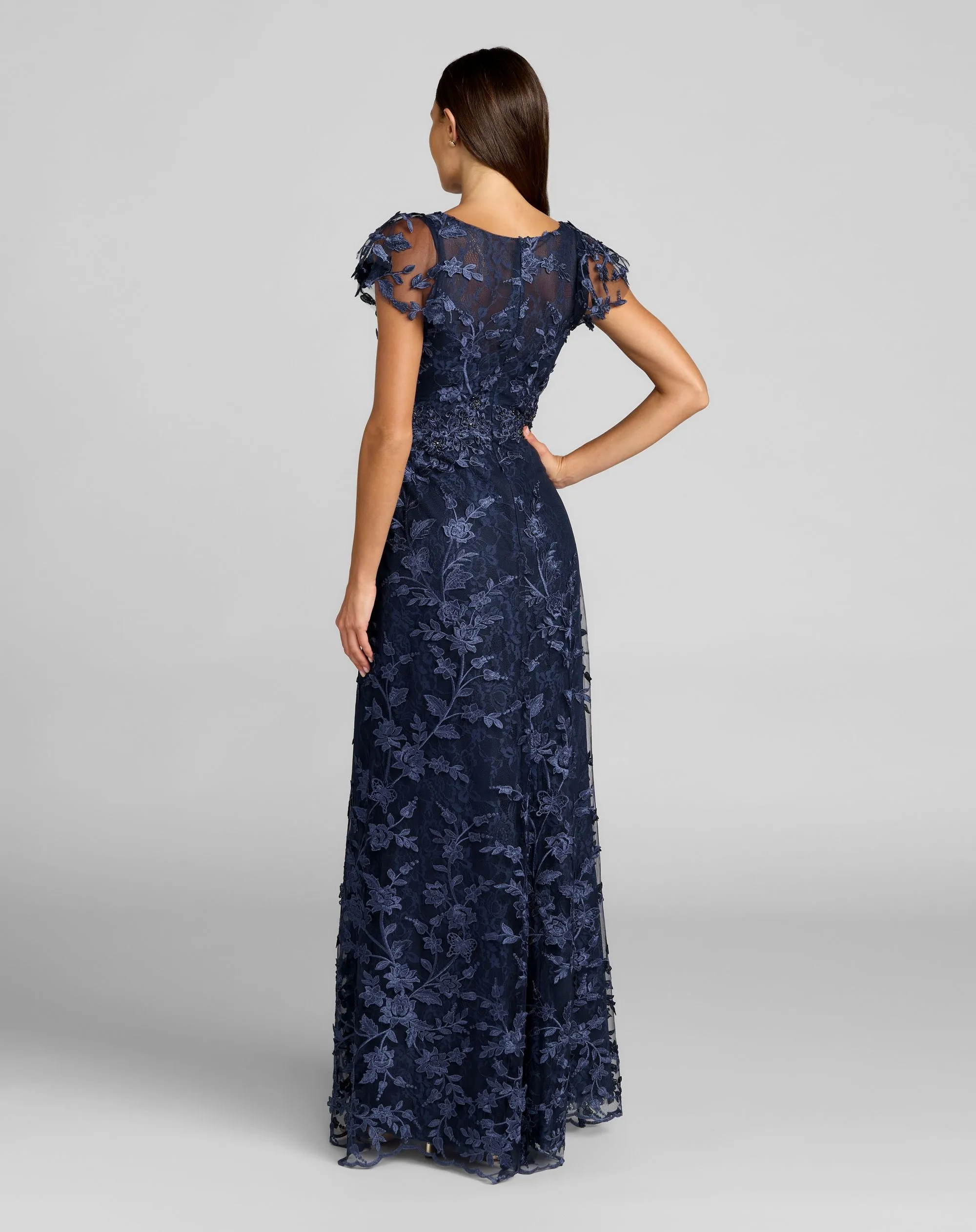 Navy Embroidered Applique Wrap Over Flutter Sleeve Gown sold by Mac Duggal product image thumbnail 3